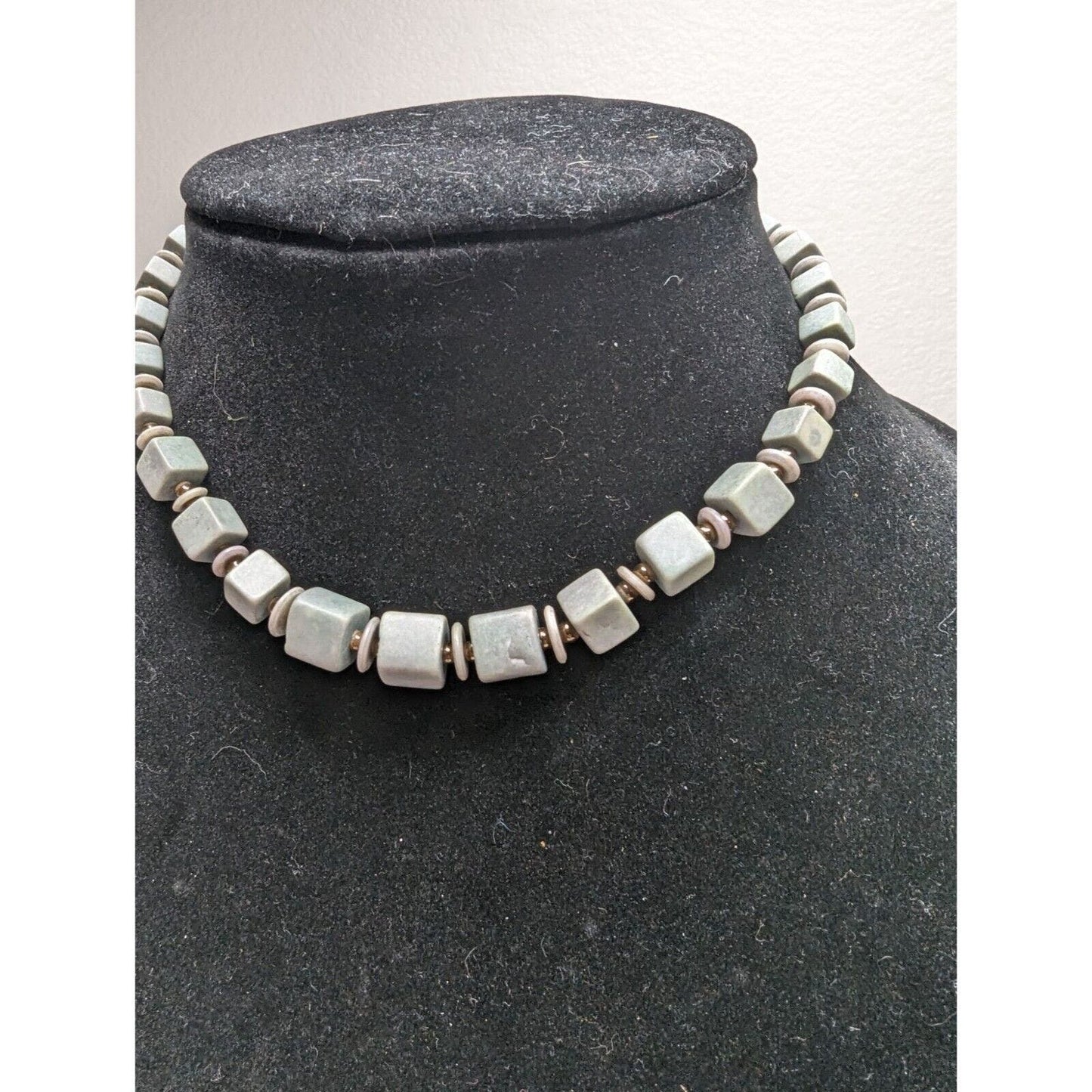 Vintage Soapstone Square Beaded Choker Necklace Light Blue Gray