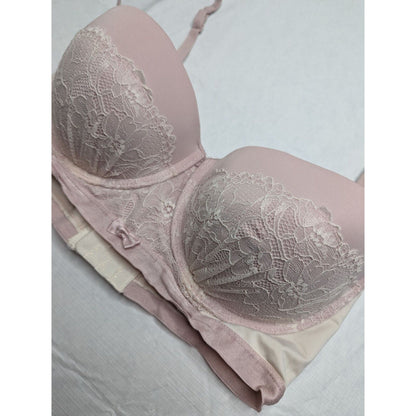 Vintage Y2K Womens Sz 38C Longline Push Up Bra Light Pink White Lace