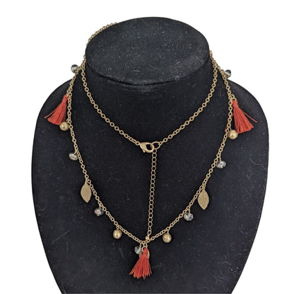 Womens Gold and Red Tassel Necklace w/ Leaf Charms and Beads Boho