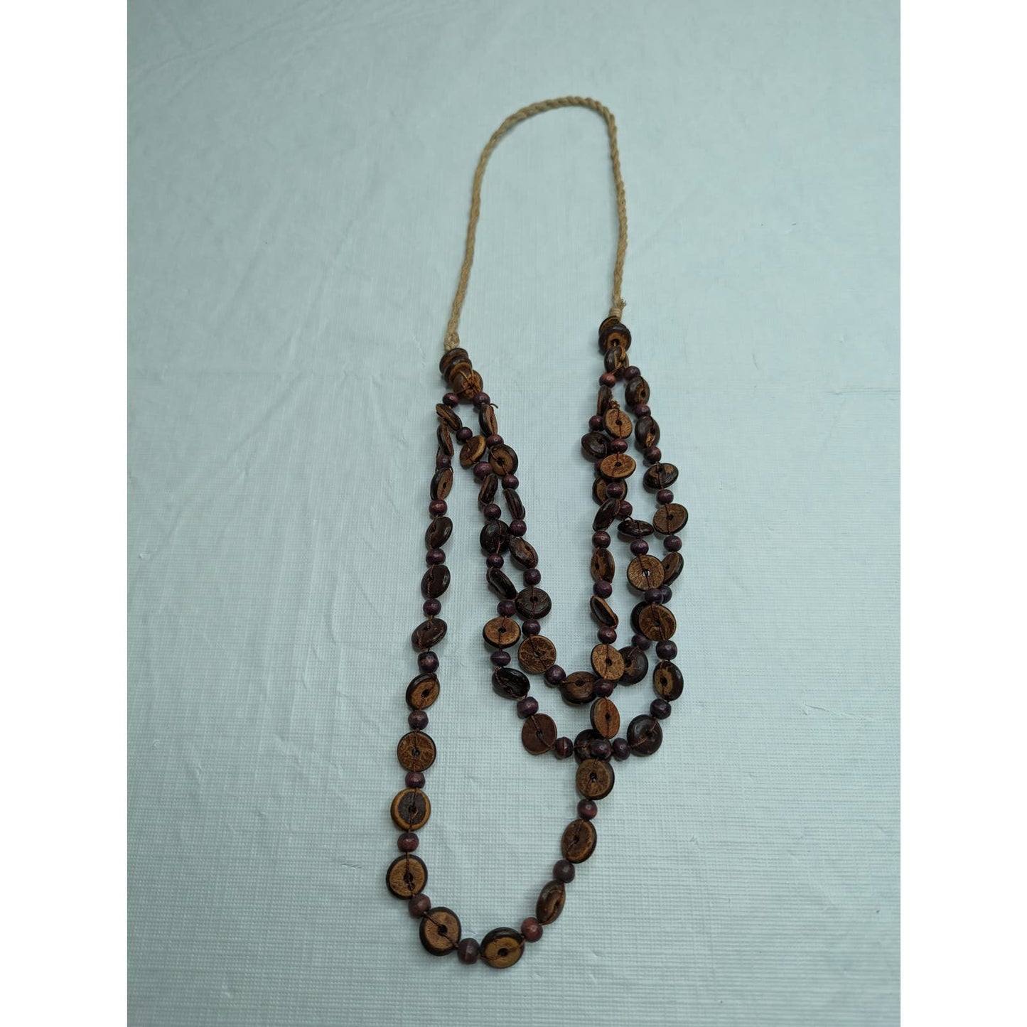 Vintage 1970s Hemp Rope Wooden Bead Layered Necklace Brown