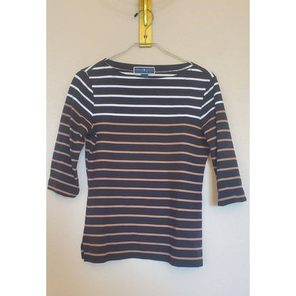 Karen Scott Petites Womens PM 3/4 Sleeve Striped Shirt Black White Brown