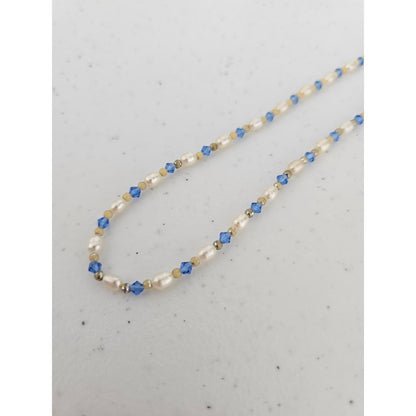 Vintage Y2K Single Strand Necklace Freshwater Pearl and Blue Rhinestones