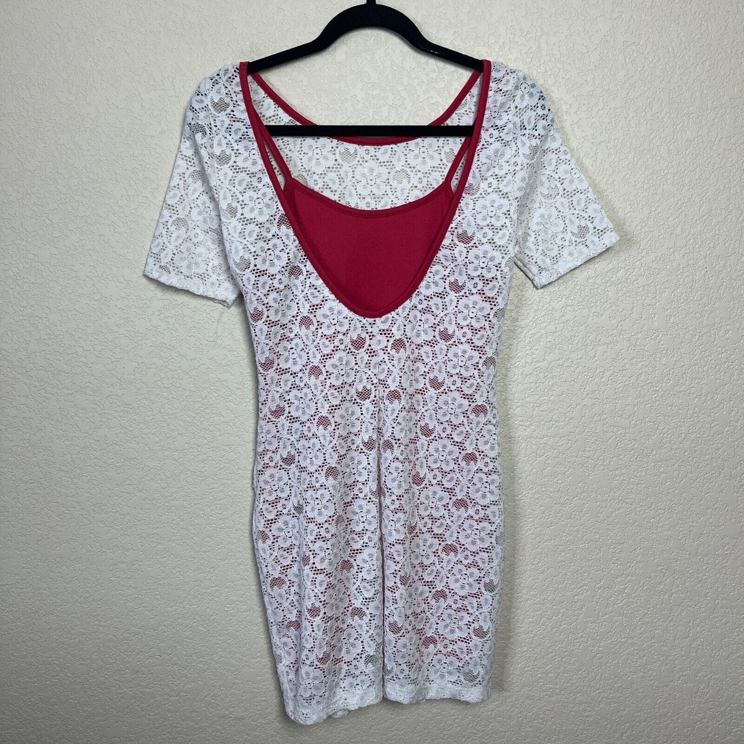 Audrey 3+1 Womens Sz S Mini Dress Red and Ivory Lace Overlay Bodycon