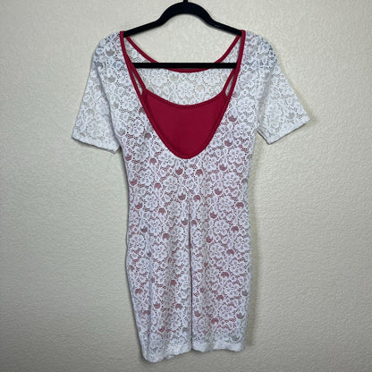 Audrey 3+1 Womens Sz S Mini Dress Red and Ivory Lace Overlay Bodycon