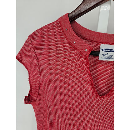 Vintage Old Navy Womens Sz L Waffle Knit Short Sleeve Top Red Rhinestone