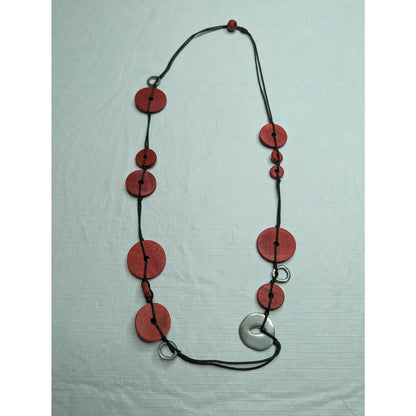 Vintage Red and Silver Wooden Disc Single Strand Mod Necklace