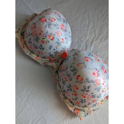 Pink by Victorias Secret Sz 36D Multi Way Push Up Bra White Pink Floral