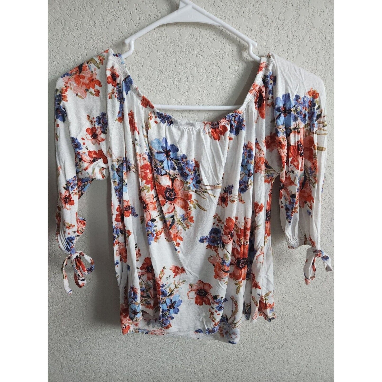 Forever 21 Womens Sz S Off Shoulder Boho Blouse White Pink Blue Floral