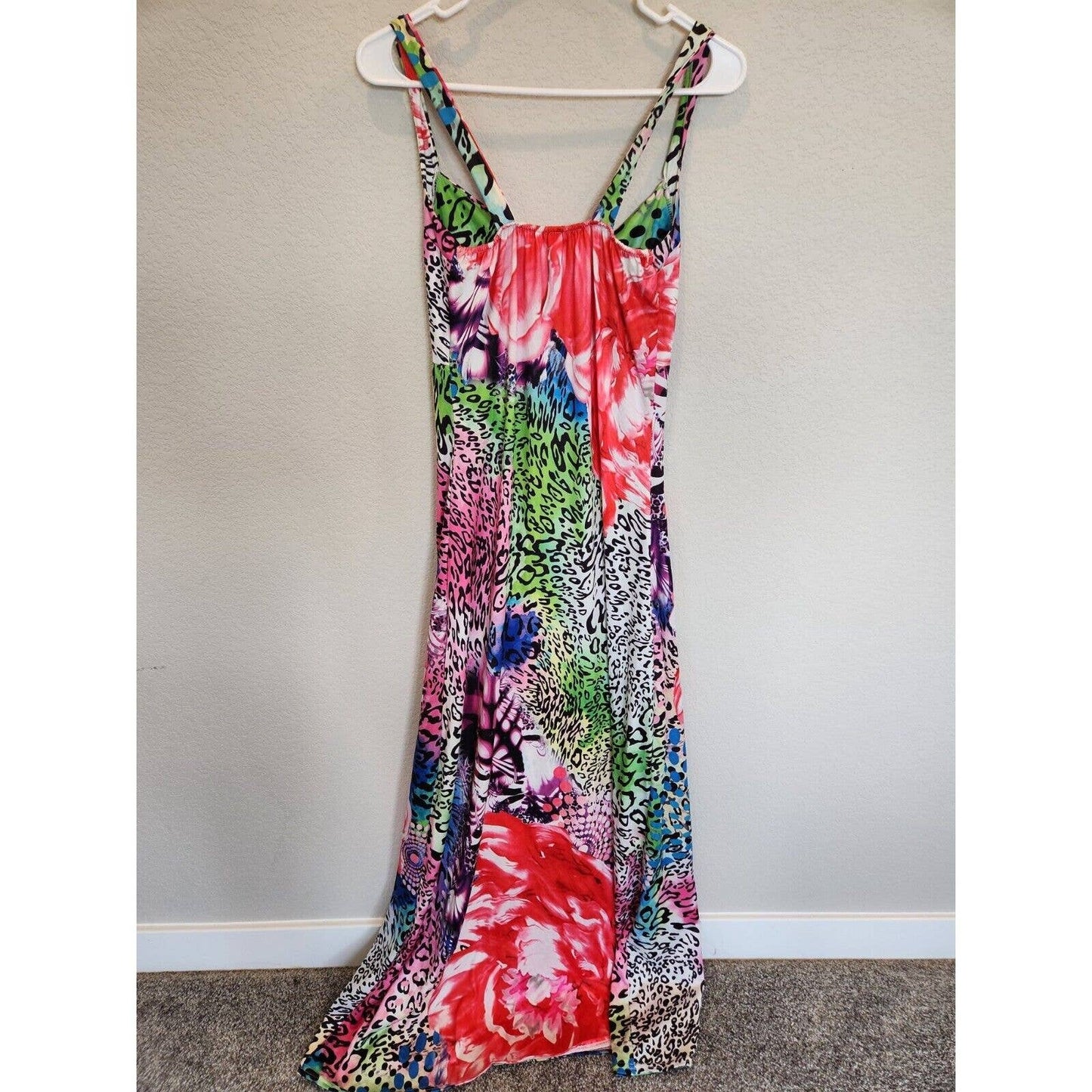 Vintage Xiao Y2K mujeres Sz S Maxi vestido brillante audaz floral sin mangas