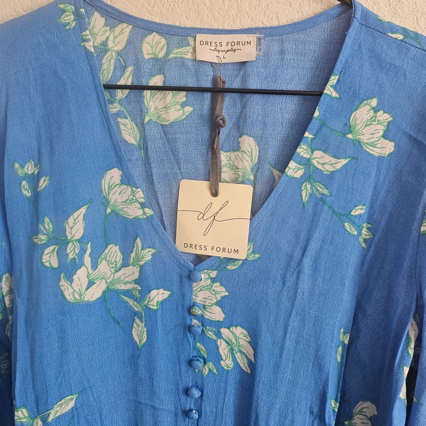 Dress Forum Los Angeles Womens Sz L Long Sleeve Midi Dress Blue Floral NEW