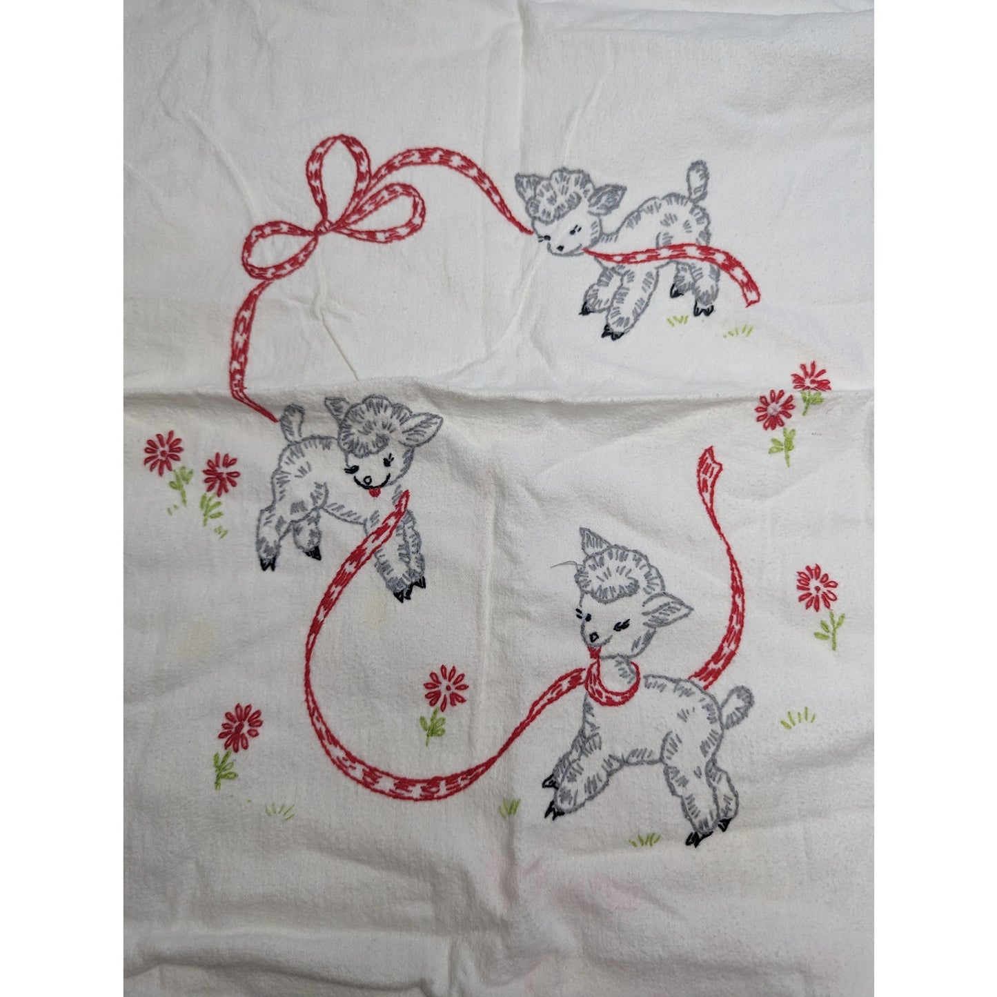 Vintage 1950s Baby Crib Blanket Cotton Embroidered Doe Deer Flowers Ribbon