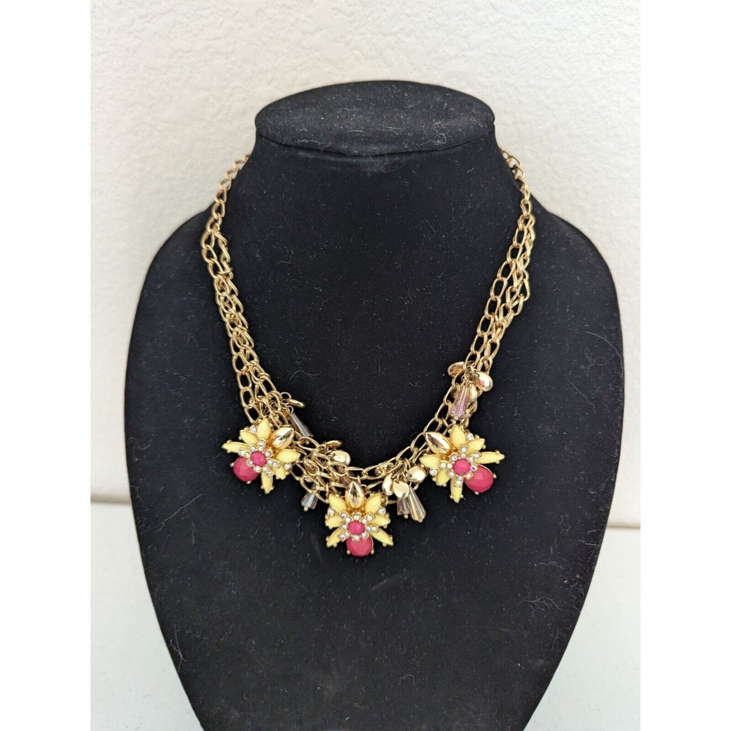 Womens Gold Tone Chunky Rhinestone Layered Necklace Pink Yellow Floral