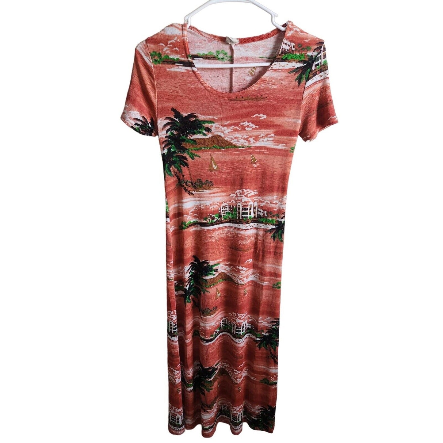 Diamonds USA Sz M Vintage Tropical Short Sleeve Shirt Dress Orange Ocean Theme