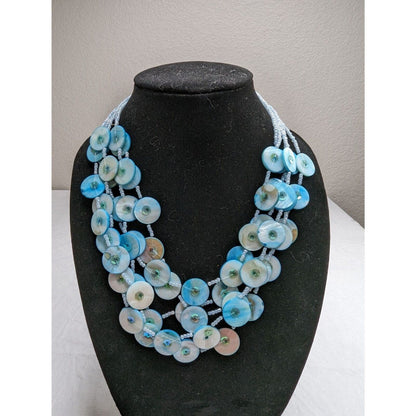 Vintage Light Blue Disk Mother of Pearl Multi Strand Beaded Necklace