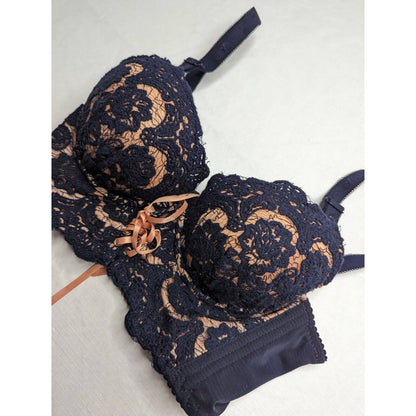 Vintage mujeres Sz 32B azul oscuro palangre push up sujetador encaje delante