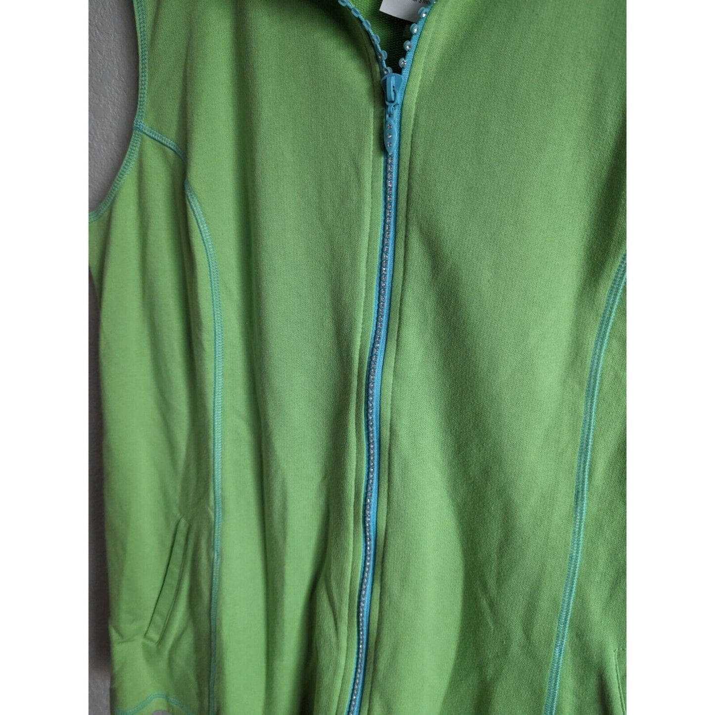 Quacker Factory Womens Sz L Full Zip Rhinestone Vest Bright Green NEW