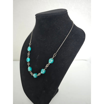 Vintage Single Strand Glass Beaded Chain Necklace Teal Blue and Silver