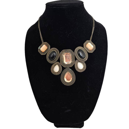 Vintage Mid Century Bib Style Inlay Stone and Bronze Necklace