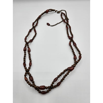 Vintage Mid Century 2 Strand Wooden Beaded Necklace Brown Tones