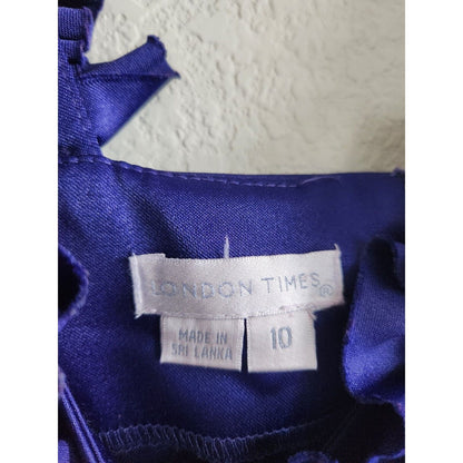 London Times Womens Sz 10 Satin Knee Length Formal Dress Blue Ruffled
