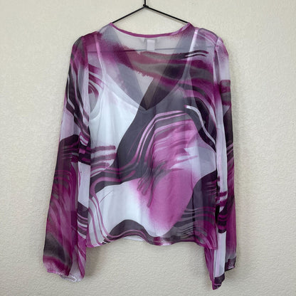 Jonathan Martin Womens Sz L Long Sleeve Blouse V Neck Pink Black Flowy