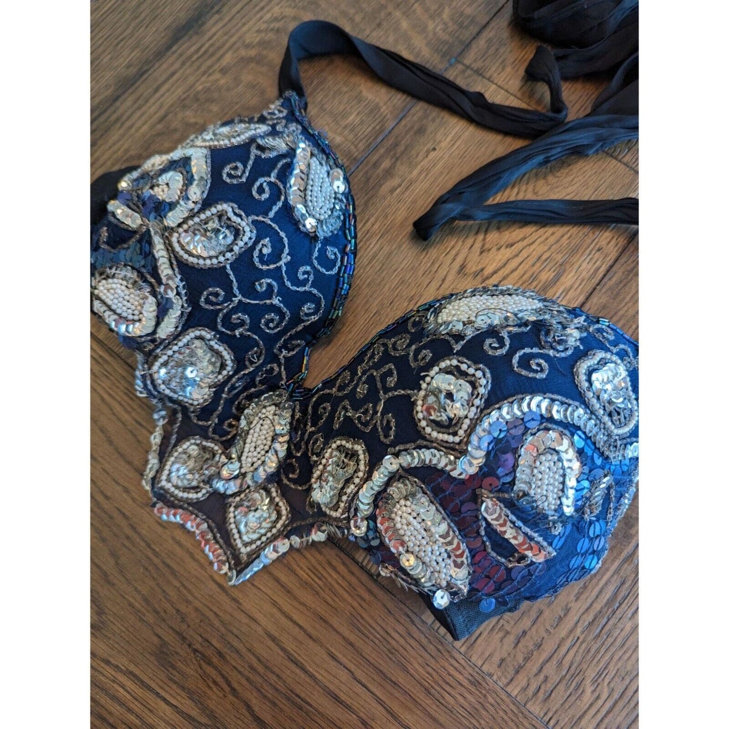 Daisy Fuentes Womens Sz M Fully Beaded and Sequin Bra Strappy Dark Blue