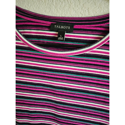 Talbots Womens Sz L Short Sleeve Classic T Shirt Purple Striped Cotton Blend