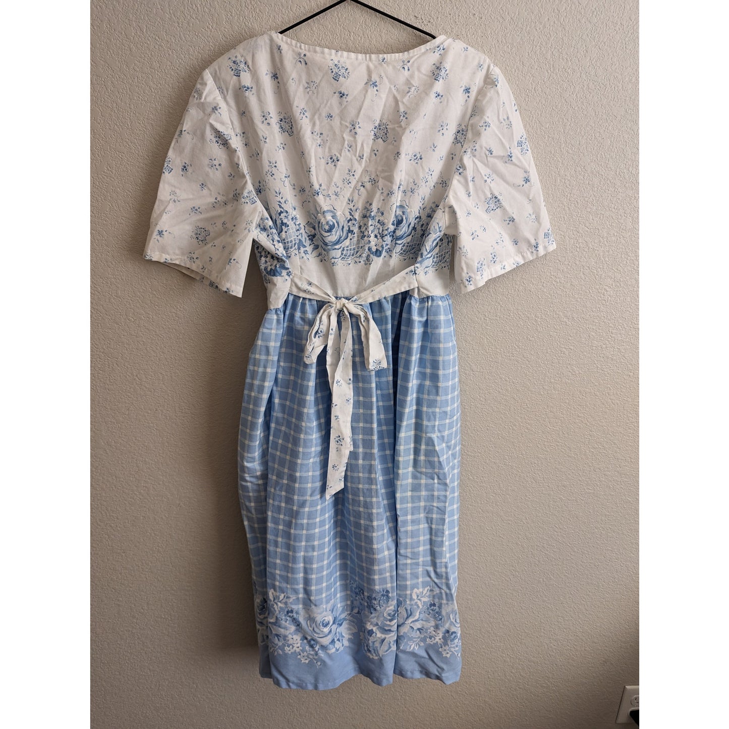 Vintage 1990s Womens Sz M Midi Length Peasant Style Dress Blue White