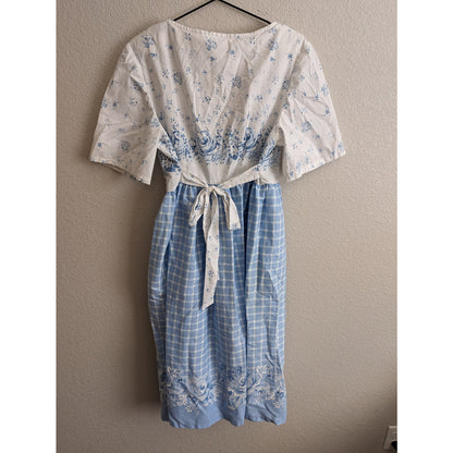 Vintage 1990s Womens Sz M Midi Length Peasant Style Dress Blue White