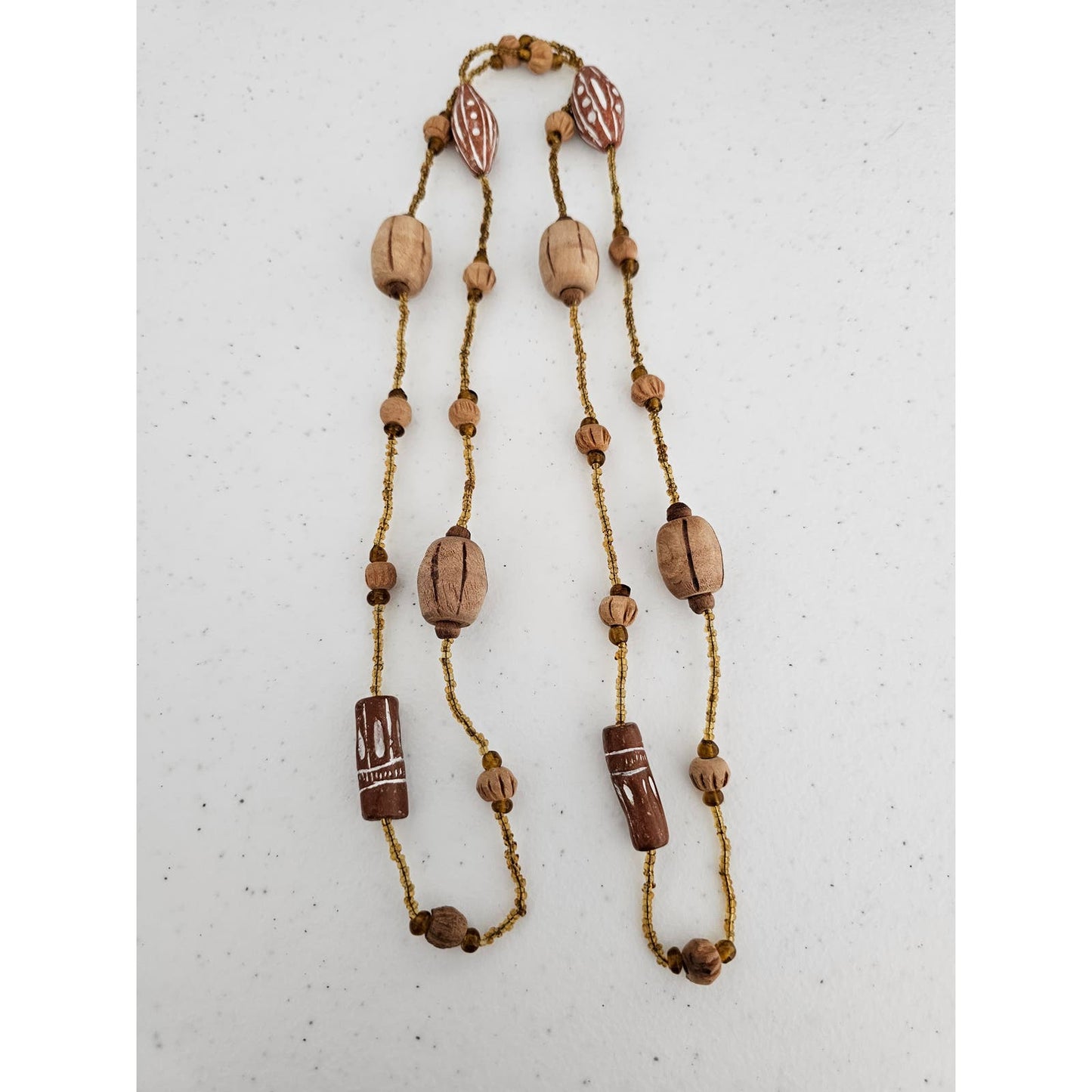 Vintage 1970s Single Strand Long Wooden Beaded Necklace Brown Boho