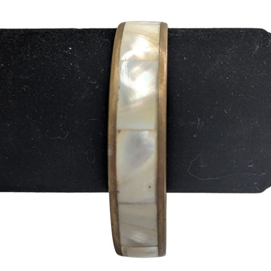 Vintage 1960s Brass Bangle Bracelet Mother of Pearl Inlay Mid Century