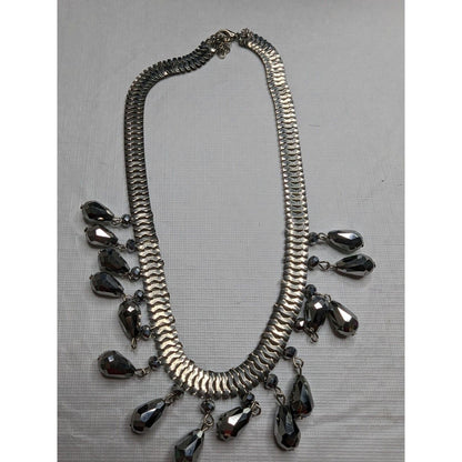 Vintage Silver and Black Teardrop Style Rhinestone Necklace