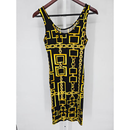 Absolutely It Womens Sz S Knee Length Fitted Dress Black Gold Chain Print