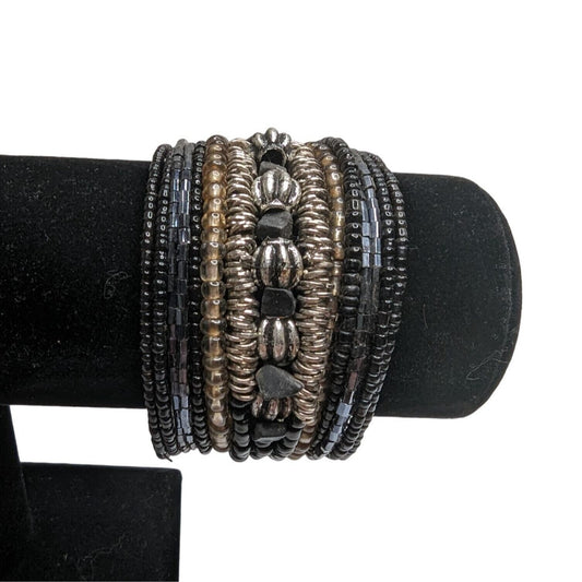 Vintage Womens Adjustable Beaded Stacked Bracelet Earthtones Black Brown