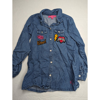 Betsey Johnson Girls Sz 7/8 M Button Down Blue Kean Denim Shirt Multi Patch