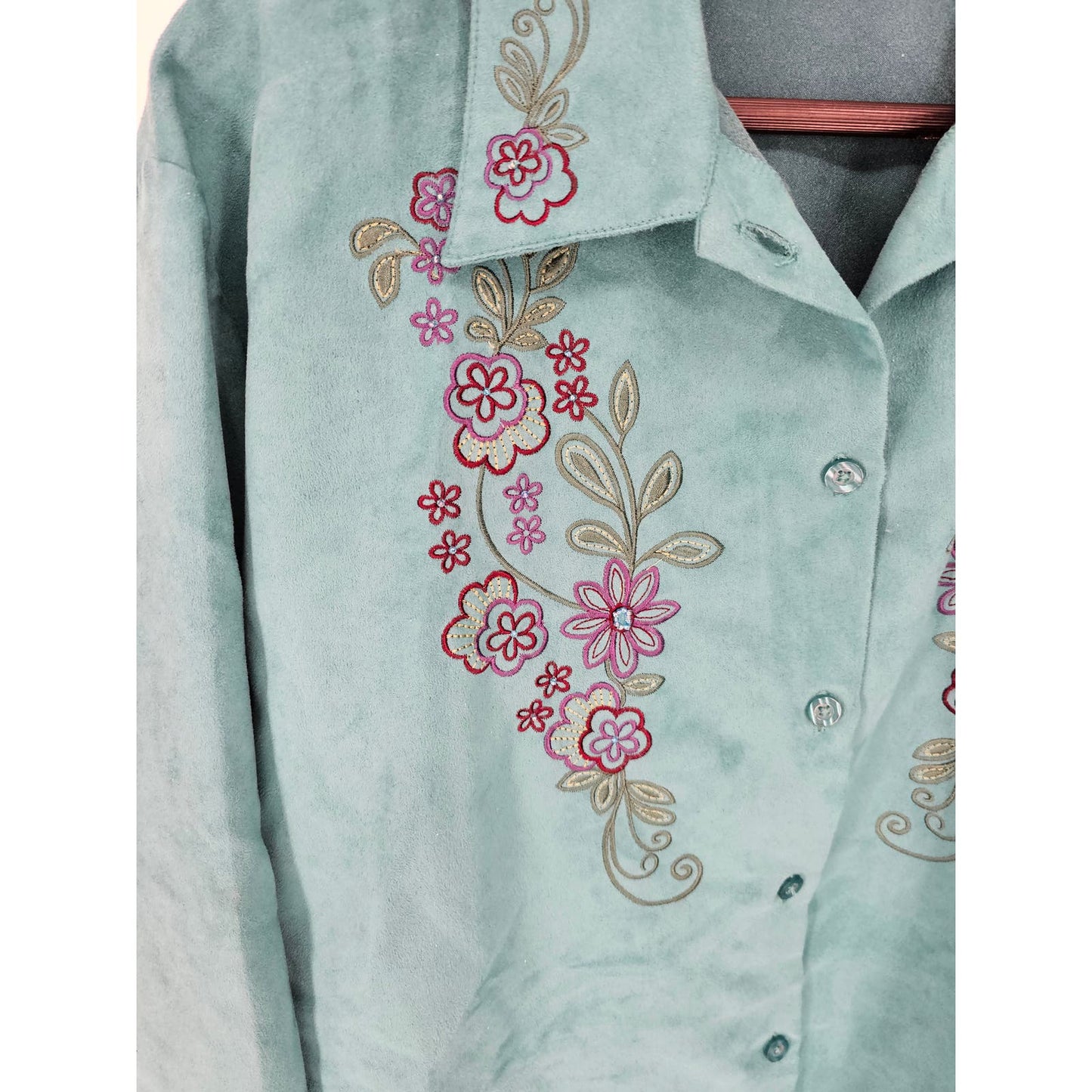 Fashion Classics Womens Sz XL Long Sleeve Button Up Top Teal Embroidered Floral