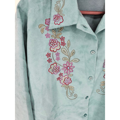 Fashion Classics Womens Sz XL Long Sleeve Button Up Top Teal Embroidered Floral