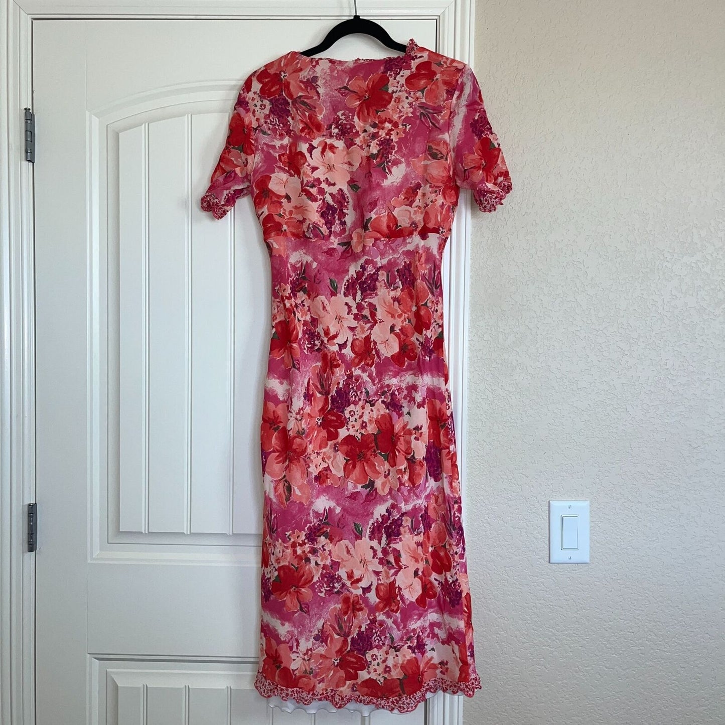 Chelsea & Violet Womens Sz L Short Sleeve Midi Dress Red Pink Floral