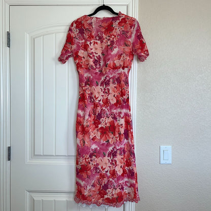 Chelsea & Violet Womens Sz L Short Sleeve Midi Dress Red Pink Floral