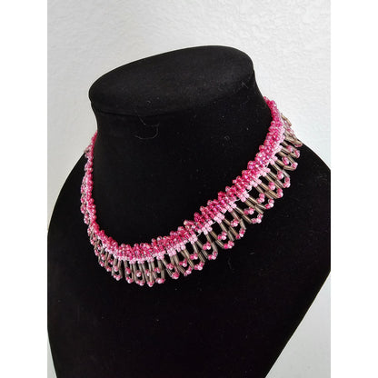 Vintage Y2K seed Bead Womens Choker Necklace Pink and Gold Preppy