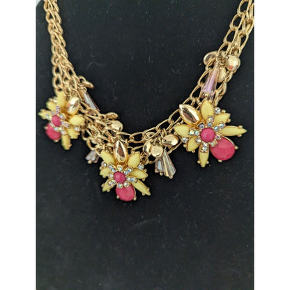 Womens Gold Tone Chunky Rhinestone Layered Necklace Pink Yellow Floral