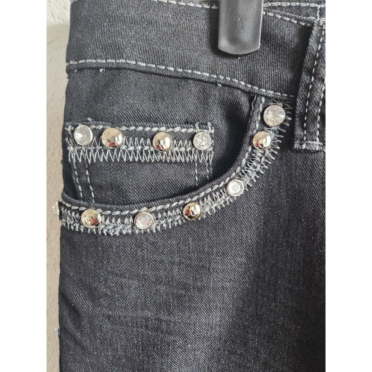 Saza Jean Co Juniors Sz 9 Skinny Jeans Gray Wash Flap Studded Pockets