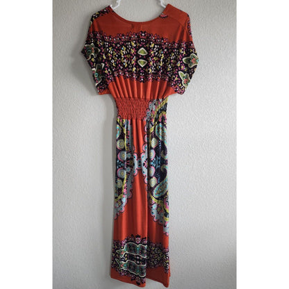 Vintage 1990s Chesley Womens Sz M Maxi Dress Burnt Orange Mandala Floral Boho