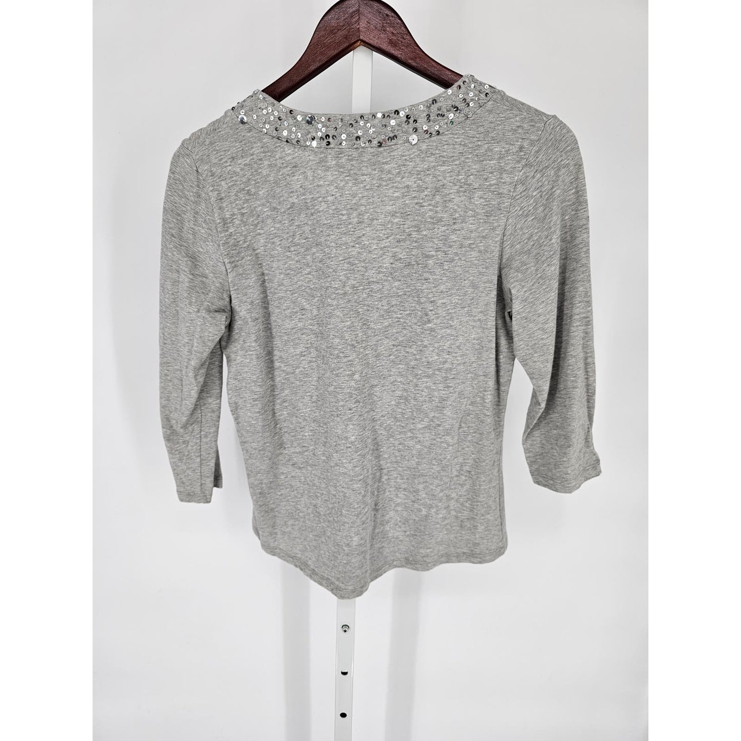 Caslon Womens Sz M 3/4 Sleeve Cotton Top Light Gray Sequin Embellished