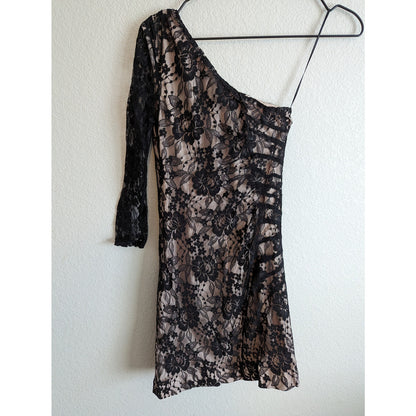 Express Womens Sz 0 Mini Dress Black One Sleeve Lace Night Out Party