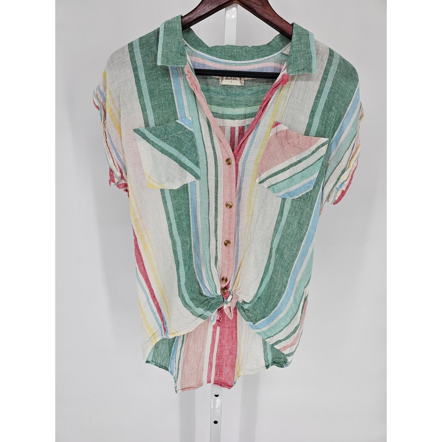 Altard State Womens Sz S Short Sleeve Button Up Blouse Pastel Rainbow Striped