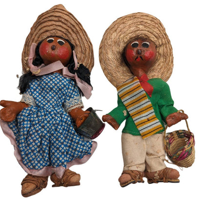 Vintage 1960s Handmade Mexican Mariachi Dolls paper Mache Cloth Hand Painted