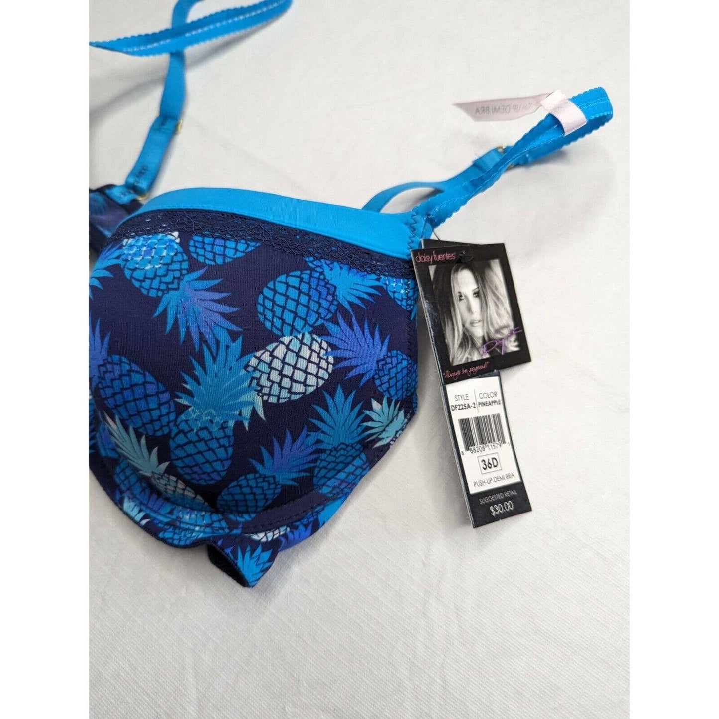 Daisy Fuentes Sz 36D Push Up Demi Bra Blue Pineapple Print NEW