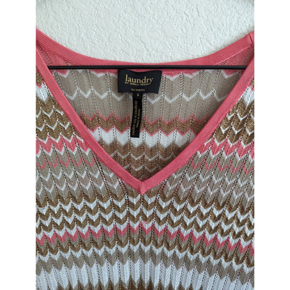 Laundry by Shelli Segal Womens Sz S Midi Dress Beige Pink Chevron Open Knit