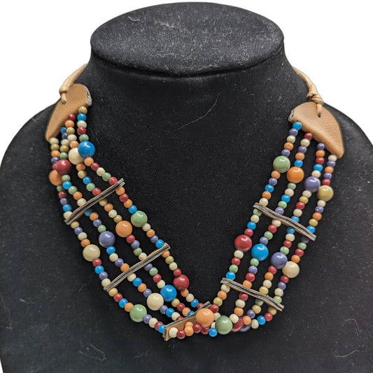 Vintage Multi Strand Multi Stone Colorful Necklace Leather Accents